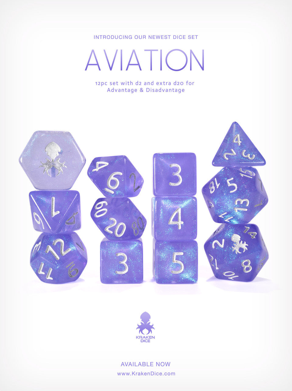 Aviation 12pc Glitter RPG Dice Set with Silver Ink